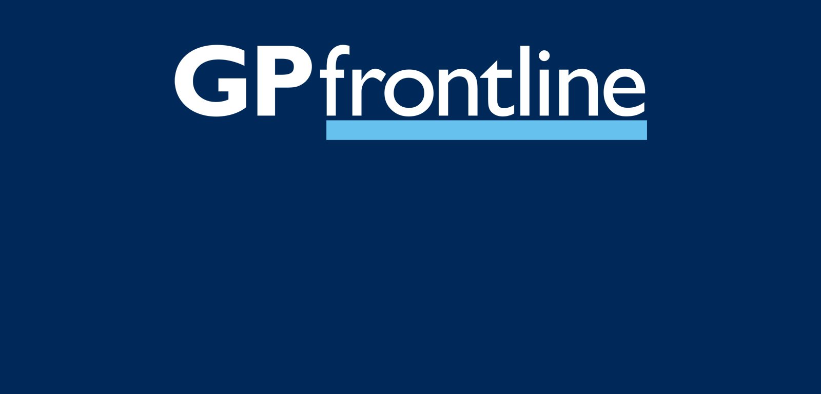 A bold, navy blue cover image with the words GP Frontline in white.  