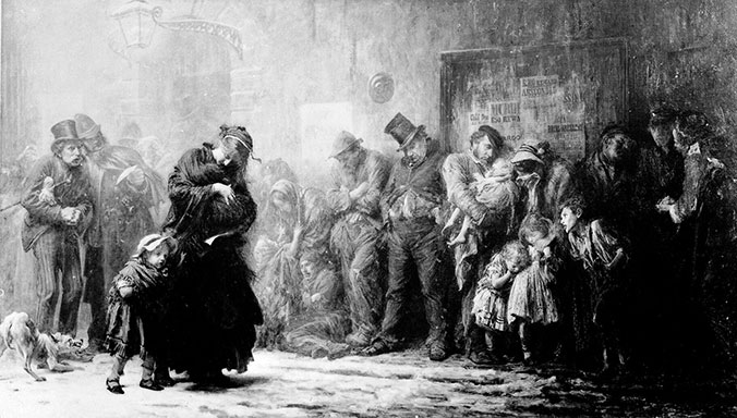 Oil painting by Sir Luke Fildes from 1874, portraying a line of destitute men, women, and children waiting outside a police station in Victorian London for admission to a workhouse's casual ward.