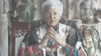 An artistic drawing of a woman wearing a detailed robe sitting on a large wooden chair.