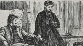 A vintage etching of a woman standing next to a man laying in bed.