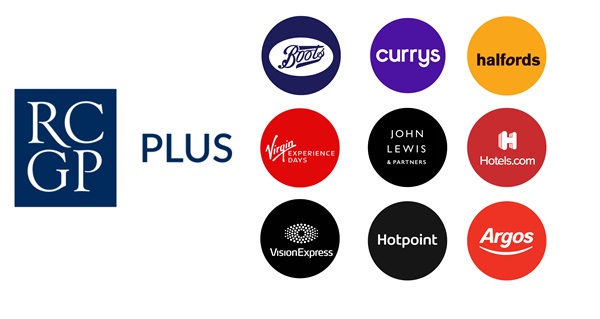 Logos of brands with RCGP Plus deals: Boots, Co op, Halfords, Virgin Experience Days, John Lewis and partners, Hotels.com, Vision Express, Hotpoint and Argos.