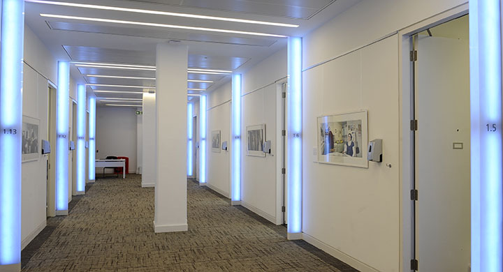 Looking down the white corridor of the RCGP exam centre.