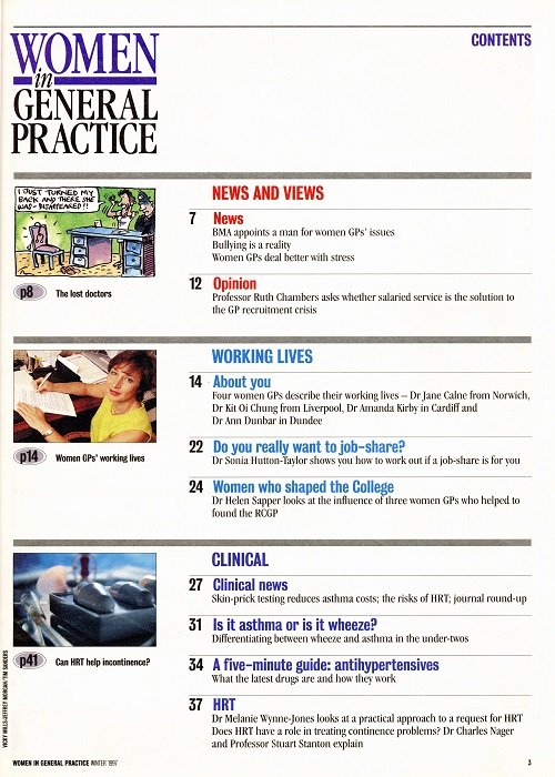 This contents page of the first issue of Women in General Practice from 1997 indicates some of the current issues, such as news and views, working lives, job-sharing, clinical news, respiratory problems, hypertensives, and HRT