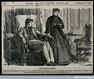 Punch cartoon from 1865 where Reginald de Braces’ appears to have caught a bad cold as an excuse to send for a woman doctor..