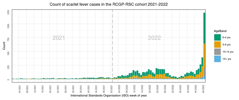 The contents of this graph are described in the accompanying text. It shows a sharp rise in scarlet fever cases at the end of the year 2022 in the RCGP RSC cohort, compared to negligible numbers in 2021.