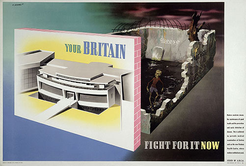 Historic photograph of the Finsbury Health Centre in Clerkenwell, London, showcasing its modernist architectural design by Berthold Lubetkin and Tecton, opened in 1938 as a pioneering public health facility. Colour lithograph after A. Games, 1942 (Wellcome Collection).
