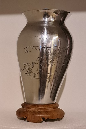 Vase made from American military aircraft wreckage, Vietnam, 1969
