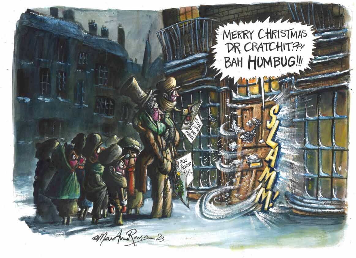 A cartoon of a queue of people holding flyers about limited GP resource, knocking at a door. From the door is a speech bubble: "Merry Christmas Dr Cratchit??! Bah humbug!!!"