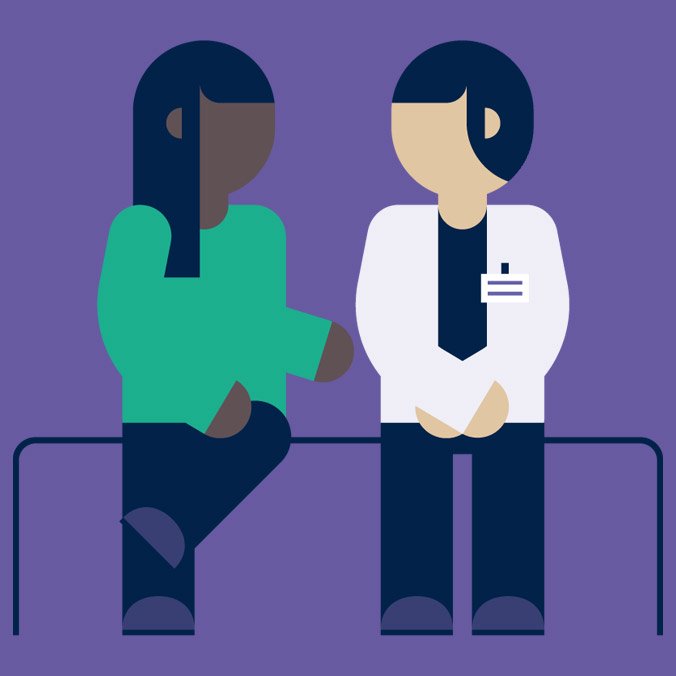 A graphic image of two seated people in conversation. The background of the image is purple.
