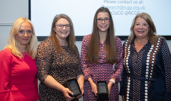 Left to right: Dr Victoria Tzortziou Brown, Dr Lorna McCune holding an award, Dr Sophie Reiter holding an award, Professor Carolyn Chew-Graham.