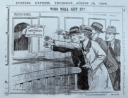 This cartoon from the Evening Express on 16 August 1928 depicts Dr Laura Sandeman in her trademark fedora hat and coat competing as the Unionist candidate to win the parliamentary by-election Credit: Used by kind permission of DC Thomson & Co Ltd.