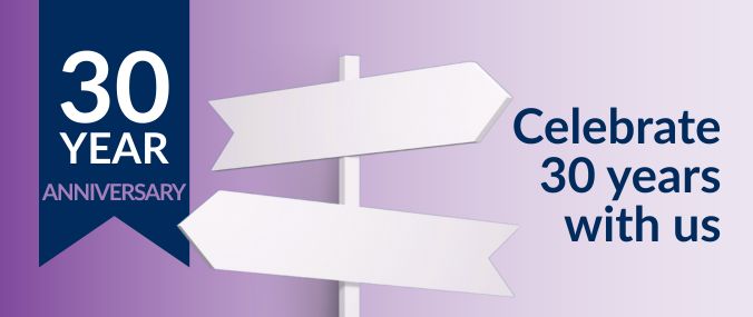 30 Year Anniversary celebration banner with purple gradient background. Navy blue ribbon on left displays '30 YEAR ANNIVERSARY' in white text. White directional signpost arrows point right towards navy blue text reading 'Celebrate 30 years with us' on purple background.