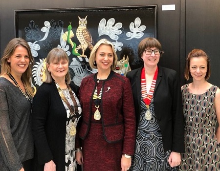 A unique moment with 5 female RCGP Chairs simultaneously in post: Dr Carey Lunan, Chair RCGP Scotland; Dr Grainne Doran, Chair RCGP Northern Ireland; Prof Helen Stokes-Lampard, Chair RCGP; Dr Rebecca Payne, Chair RCGP Wales; Dr Jodie Blackadder-Weinstein, Chair National First5 Committee