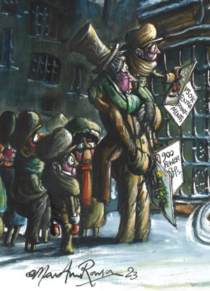 A cartoon of a queue of people holding flyers about limited GP resource, knocking at a door.