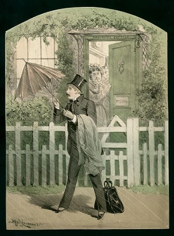 Early twentieth century artwork of a doctor walking down the street, holding an umbrella against the rain with a doctor's bag at his feet. A woman at a nearby house is opening her door to look at him.