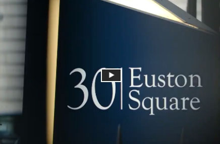 A screenshot of a video featuring a navy poster with '30 Euston Square' written in white.
