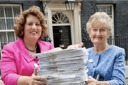 RCGP chair Dr Maureen Baker and National Association of Patient Participation chair Patricia Wilkie handing in a petition in support of the College’s Put Patients First campaign to 10 Downing Street, 2014