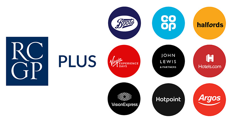 Logos of brands with RCGP Plus deals: Boots, Co op, Halfords, Virgin Experience Days, John Lewis and partners, Hotels.com, Vision Express, Hotpoint and Argos.